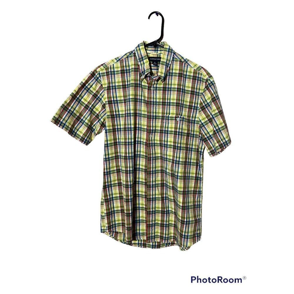 Lands End Casual Shirt Yellow Plaid Short Sleeve